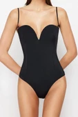 Kadın Moda Atma Kap Askılı Brief Yaka Siyah Balkonet V Telli Regular Mayo - 3