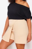 Büyük Beden Moda Dokuma Yüksek Bel Geniş Paça Gündelik Vizon Gabardin Mini Şort Etek - 4