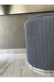 Lüks Modern Çizgili Tasarım Krom Detaylı Yuvarlak Silinebilir Kumaşlı Gri Puf - 5