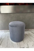 Lüks Modern Çizgili Tasarım Krom Detaylı Yuvarlak Silinebilir Kumaşlı Gri Puf - 3