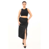 Büyük Beden Saten Drape Yırtmaçlı Midi Siyah Etek - 2