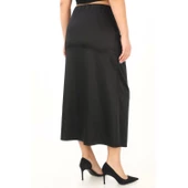 Büyük Beden Saten Drape Yırtmaçlı Midi Siyah Etek - 4