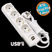 Topraklı Grup Priz Kablolu USB'li 4'lü Fiş Çoğaltıcı 5 Metre Çoklu Asmalı Uzatma Kablosu Düğmesiz - 1