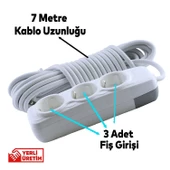 Topraklı Grup Priz 3'lü Anahtarsız 7 Metre Seyyar Ara Kablolu Uzatma Kablolusu Üçlü Piriz - 2