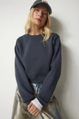 Happiness İstanbul Kadın Antrasit Şardonlu Crop Sweatshirt UB00178 - 1