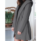 Lucky Life Kadın Uzun Kollu Belden Kuşaklı Kapşonlu Kısa Kaşe Kaban - 1