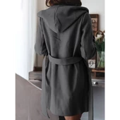 Lucky Life Kadın Uzun Kollu Belden Kuşaklı Kapşonlu Kısa Kaşe Kaban - 4