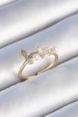 Pirinç Gold Renk Zirkon Taşlı Kalp Yaprak Model İnci Detay Kadın Yüzük - TJ-BYK3430 - 1