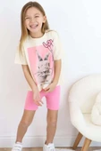 Kız Çocuk Üzeri Digital Yazı ve Tavşan Baskılı T-Shirt Fitilli Şortlu Takım - 1