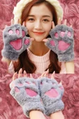 Mars Baby Parmaksız Patili Gri Pembe Peluş Eldiven - 1