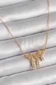 316L Çelik Gold Renk Zincir Zirkon Taşlı Kelebek Model Sallantı Detay Kadın Kolye - TJ-BKO9652 - 1