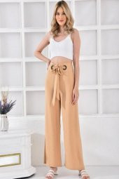 Halkalı Bol Paça Bağcıklı Camel Keten Kadın Pantolon - 2