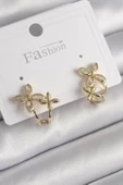 Pirinç Gold Renk Zirkon Taşlı 2'Li Çiçek Model Kadın Küpe - TJ-BKP9961 - 1
