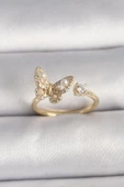 Pirinç Gold Renk Zirkon Taşlı Kelebek Model İnci Detay Ayarlanabilir Yüzük - TJ-BYK3533 - 1