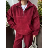 Kalın Polar Yakalı Fermuarlı Sweat Pantolonlu Takım - Bordo - 4