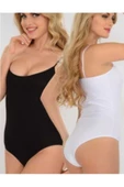 Seher Kadın 2li Karışık Renk Siyah Beyaz Ip Askılı Pamuklu Likralı Kancalı Body Zıbın 0066 - 1