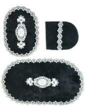Bonny Home Lisa Siyah 3lü Fransız Dantelli Klozet Takımı Çeyizlik Banyo Halısı Paspası Seti thumbnail 3