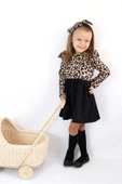 Kız Çocuk  Leopar Desenli Uzun Kollu Fırfırlı Elbise Bandana Takım ELB-0059 - 3