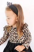Kız Çocuk  Leopar Desenli Uzun Kollu Fırfırlı Elbise Bandana Takım ELB-0059 - 7