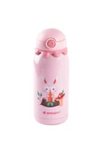 BANGDA PEMBE PASLANMAZ ÇELİK TAVŞAN DESENLİ ÇANTALI ÇOCUK TERMOSU 600ML - 2