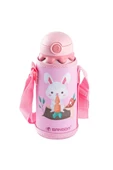 BANGDA PEMBE PASLANMAZ ÇELİK TAVŞAN DESENLİ ÇANTALI ÇOCUK TERMOSU 600ML - 1