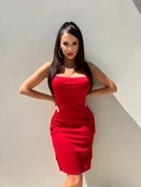 Kadın Kırmızı Yırtmaçlı Halkalı Elbise - 5