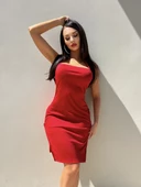 Kadın Kırmızı Yırtmaçlı Halkalı Elbise - 1