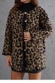 Şardonlu Leopar Triko Hırka Kadın Bisiklet Yaka Leopar Desenli Kahverengi Yünlü Hırka - 1