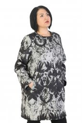 Fierte Kadın Büyük Beden Kaban Ayl3227 Yuvarlak Yaka Uzun Kol Çıt Çıt Kapama Spor Cep Desen Astar Keçe Kap Siyah - 1