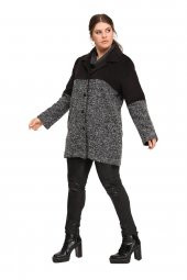 Fierte Kadın Büyük Beden Kaban Lm46210 Erkek Yaka Düğme Kapama Uzun Kol Spor Cep Buklet Yün Karışım Kaşe Kombin Siyah - 6