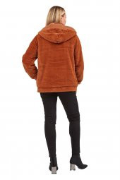 Fierte Kadın Büyük Beden Kaban Lm56060 Sabit Kapüşon Fermuar Kapama Spor Cep Astar Peluş Kürk Siyah Taba - 11