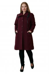 Fierte Kadın Büyük Beden Kaban Rg9709 Yaka Detay Düğme Kapama Cep Astar Yün Karışım Kaşe Uzun Camel Bordo Haki Siyah - 5