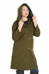 Fierte Kadın Büyük Beden Kaban Icn8531 Sabit Kapüşon Düğme Kapama Uzun Kol Spor Cep Kaşe Manto Haki Gri - 1