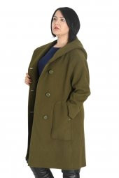 Fierte Kadın Büyük Beden Kaban Icn8531 Sabit Kapüşon Düğme Kapama Uzun Kol Spor Cep Kaşe Manto Haki Gri - 2