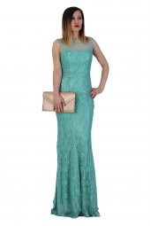 Fierte Kadın Abiye Elbise Lprs4080 Transparan Sıfır Yaka Kolsuz Sırt Detay Dantel Kaplama Balık Düğün Mezuniyet Mercan Yeşil - 2