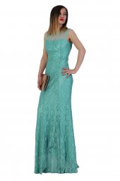 Fierte Kadın Abiye Elbise Lprs4080 Transparan Sıfır Yaka Kolsuz Sırt Detay Dantel Kaplama Balık Düğün Mezuniyet Mercan Yeşil - 3