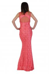 Fierte Kadın Abiye Elbise Lprs4080 Transparan Sıfır Yaka Kolsuz Sırt Detay Dantel Kaplama Balık Düğün Mezuniyet Mercan Yeşil - 7