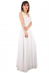 Fierte Kadın Büyük Beden Abiye Elbise Tn15070 V Yaka Kolsuz Dantel Detay Şifon Kloş Etek Nişan Düğün Nikah Mezuniyet Ekru - 2