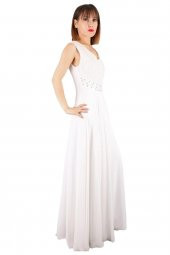 Fierte Kadın Büyük Beden Abiye Elbise Tn15070 V Yaka Kolsuz Dantel Detay Şifon Kloş Etek Nişan Düğün Nikah Mezuniyet Ekru - 3