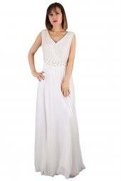 Fierte Kadın Büyük Beden Abiye Elbise Tn15070 V Yaka Kolsuz Dantel Detay Şifon Kloş Etek Nişan Düğün Nikah Mezuniyet Ekru - 6