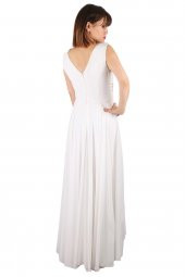 Fierte Kadın Büyük Beden Abiye Elbise Tn15070 V Yaka Kolsuz Dantel Detay Şifon Kloş Etek Nişan Düğün Nikah Mezuniyet Ekru - 7