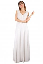 Fierte Kadın Büyük Beden Abiye Elbise Tn15070 V Yaka Kolsuz Dantel Detay Şifon Kloş Etek Nişan Düğün Nikah Mezuniyet Ekru - 8