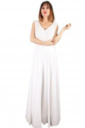 Fierte Kadın Büyük Beden Abiye Elbise Tn15070 V Yaka Kolsuz Dantel Detay Şifon Kloş Etek Nişan Düğün Nikah Mezuniyet Ekru - 9