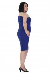 Fierte Kadın Büyük Beden Abiye Elbise Vs5967 Yuvarlak Yaka Düşük Kol Dantel İşleme Krep Diz Altı Saks Lacivert Mor Siyah - 4