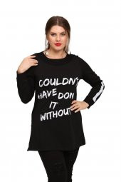 Fierte Kadın Büyük Beden Bluz Lm43030 Yuvarlak Yaka Uzun Kol Sweatshirt Yan Fermuarlı Yırtmaç Detay Antrasit Siyah - 2