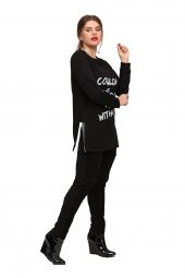 Fierte Kadın Büyük Beden Bluz Lm43030 Yuvarlak Yaka Uzun Kol Sweatshirt Yan Fermuarlı Yırtmaç Detay Antrasit Siyah - 8