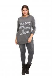 Fierte Kadın Büyük Beden Bluz Lm43030 Yuvarlak Yaka Uzun Kol Sweatshirt Yan Fermuarlı Yırtmaç Detay Antrasit Siyah - 11