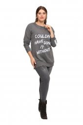 Fierte Kadın Büyük Beden Bluz Lm43030 Yuvarlak Yaka Uzun Kol Sweatshirt Yan Fermuarlı Yırtmaç Detay Antrasit Siyah - 12
