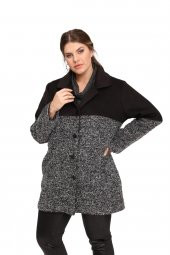 Fierte Kadın Büyük Beden Kaban Lm46210 Erkek Yaka Düğme Kapama Uzun Kol Spor Cep Buklet Yün Karışım Kaşe Kombin Siyah - 2