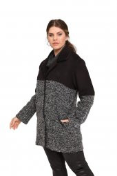 Fierte Kadın Büyük Beden Kaban Lm46210 Erkek Yaka Düğme Kapama Uzun Kol Spor Cep Buklet Yün Karışım Kaşe Kombin Siyah - 3